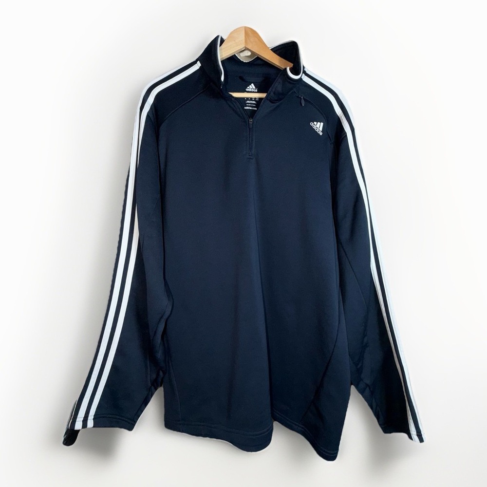 Adidas 1/4 Zip Up Athletic Sweatshirt Mens XL Navy White Knit Long Sleeve